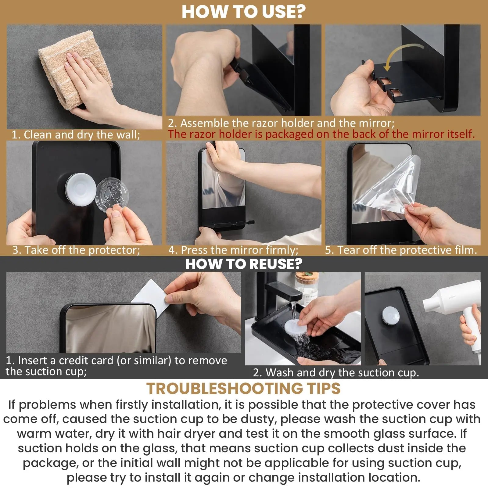 TAILI Shower Mirror Fogless for Shaving with Razor Holder, Fog Free Mirror Shower Suction Rust-Proof Removable Bathroom Mirror