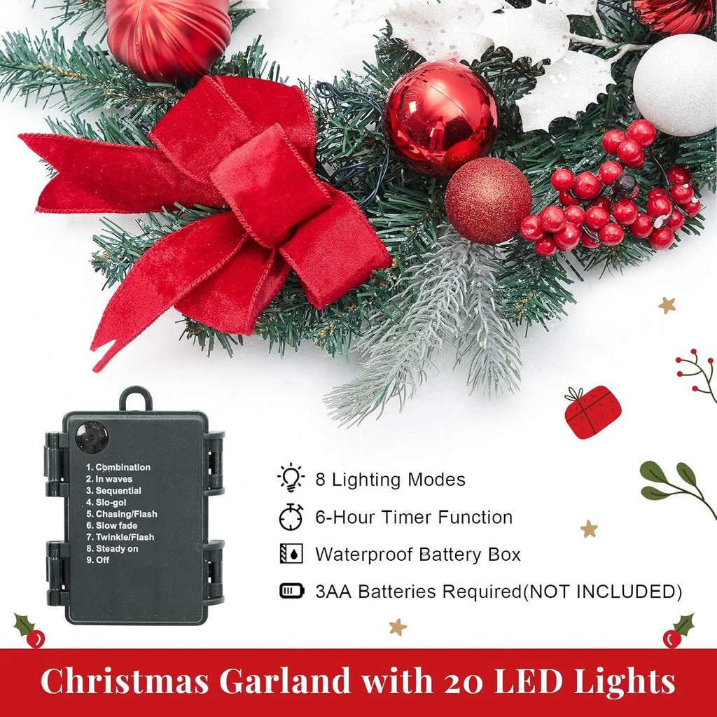 6 Ft Pre-Lit Christmas Garland For Mantle With 20 Led Lights & Red Bows 8 Lighting Modes  Versatile Decorating For Any Space