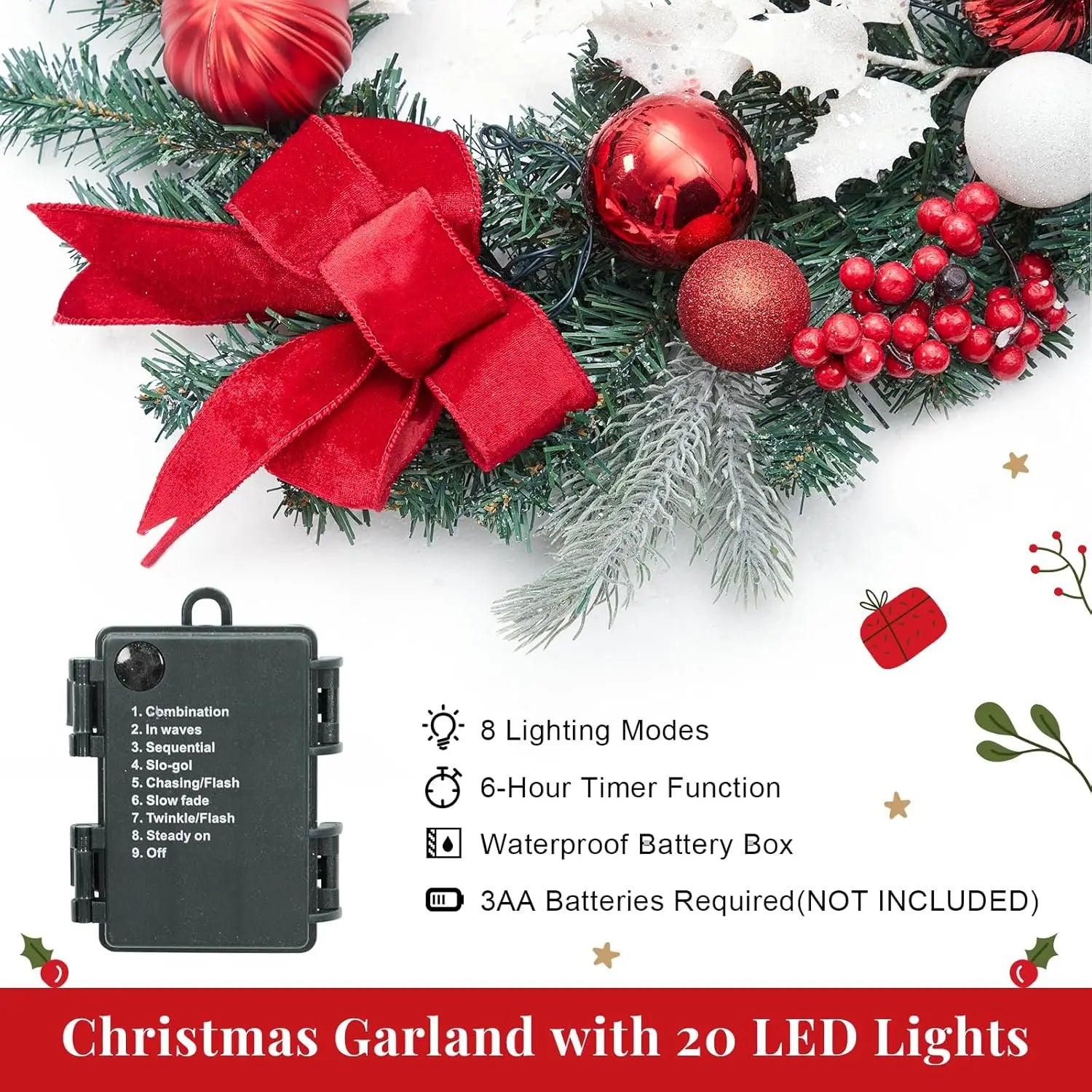 6 Ft Pre-Lit Christmas Garland For Mantle With 20 Led Lights & Red Bows 8 Lighting Modes  Versatile Decorating For Any Space