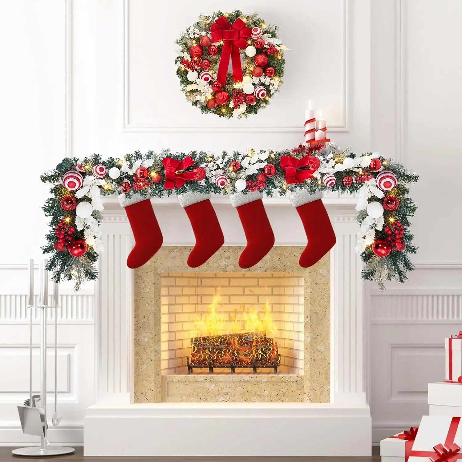 6 Ft Pre-Lit Christmas Garland For Mantle With 20 Led Lights & Red Bows 8 Lighting Modes  Versatile Decorating For Any Space