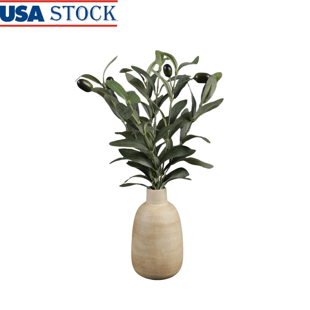 15 Inch Artificial Olive Potted Plant in Wood Finish Vase Home Office Decor Tabletop Accent Piece Realistic Foliage