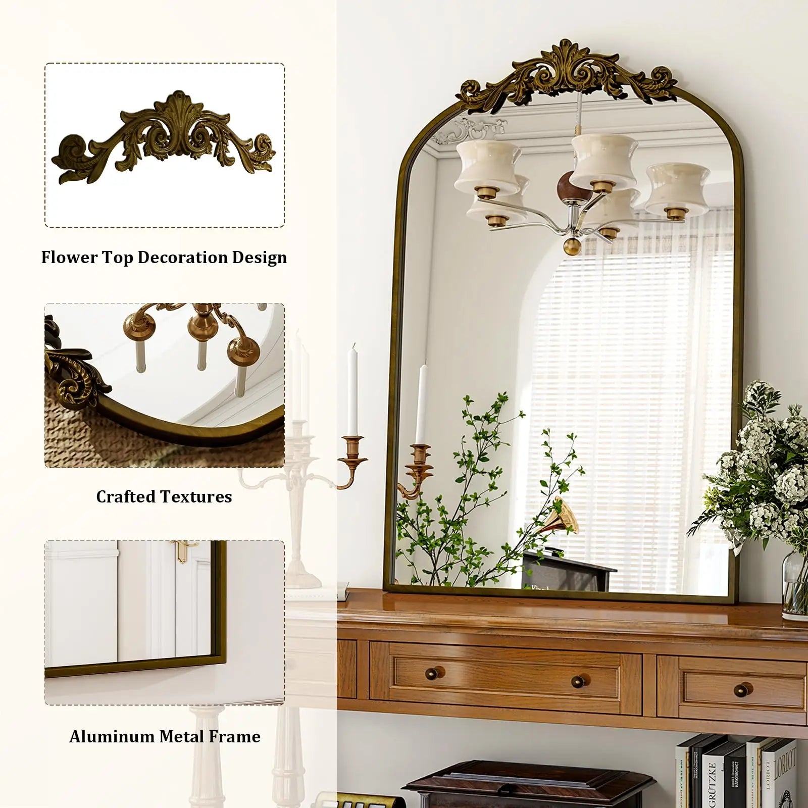 BEAUTYPEAK Vanity Wall Mirror Decorative Vintage Arch Bathroom Mirror