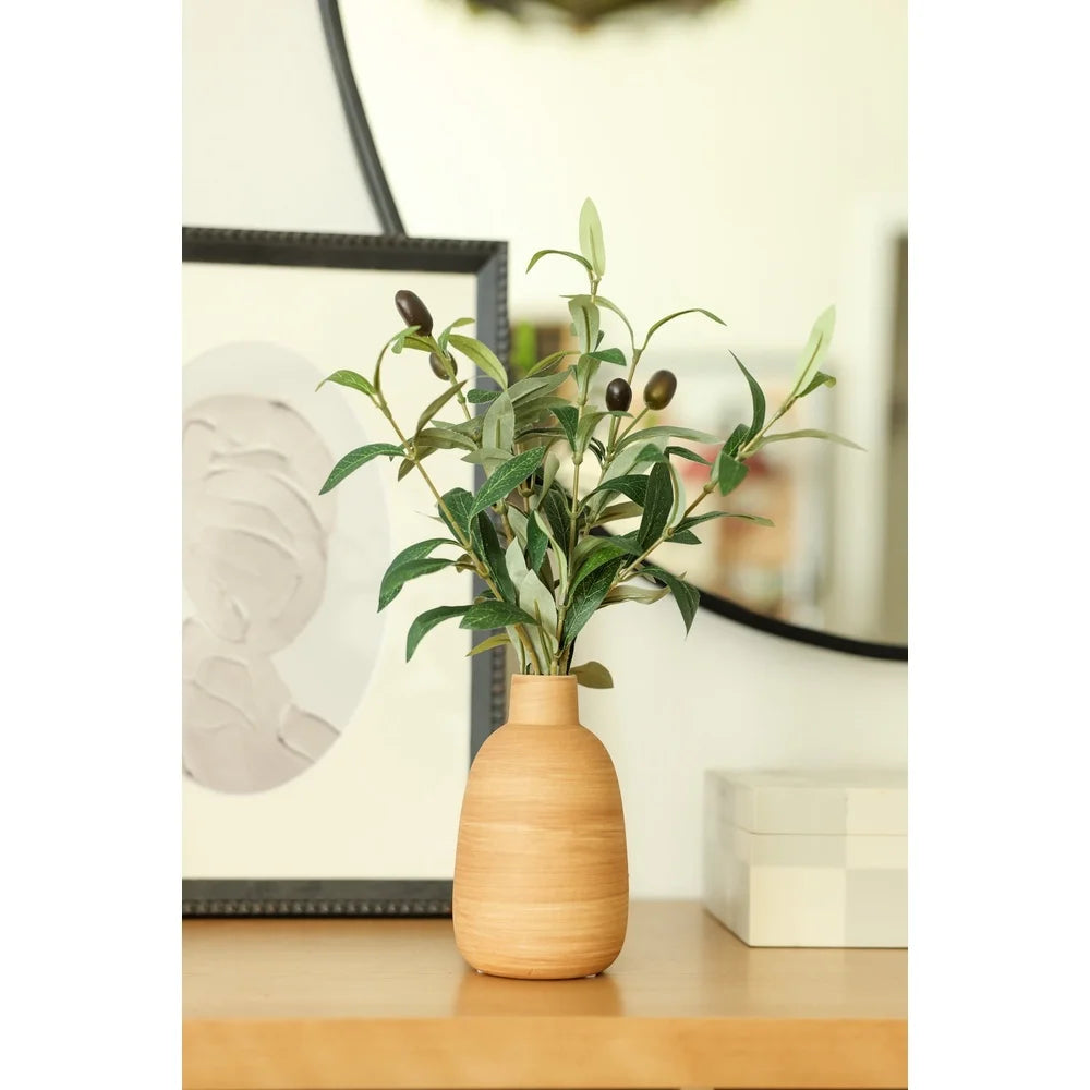 15 Inch Artificial Olive Potted Plant in Wood Finish Vase Home Office Decor Tabletop Accent Piece Realistic Foliage